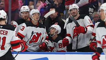 New Jersey Devils left wing Jesper Bratt (63) is congratulated  after he scored a goal against the Tampa Bay Lightning. Mandatory Credit: Kim Klement Neitzel-Imagn Images