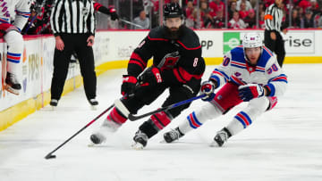 May 11, 2024; Raleigh, North Carolina, USA; Carolina Hurricanes defenseman Brent Burns (8) skates