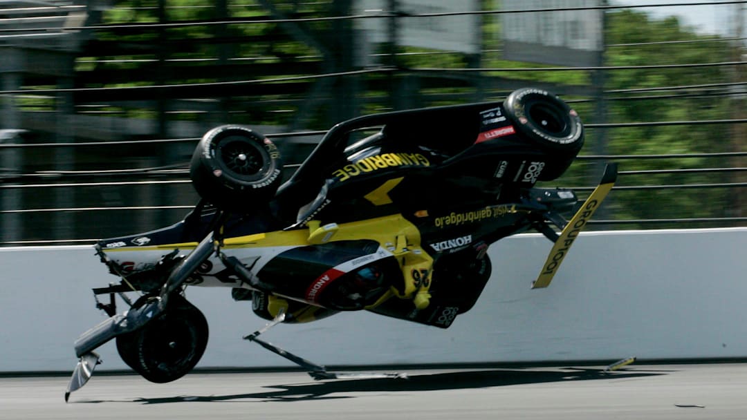 Andretti Global with Curb-Agajanian driver Colton Herta (26) crashes Saturday, May 17, 2025, during qualifying for the 109th running of the Indianapolis 500.