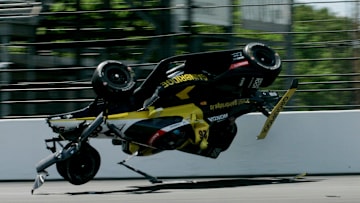 Andretti Global with Curb-Agajanian driver Colton Herta (26) crashes Saturday, May 17, 2025, during qualifying for the 109th running of the Indianapolis 500.