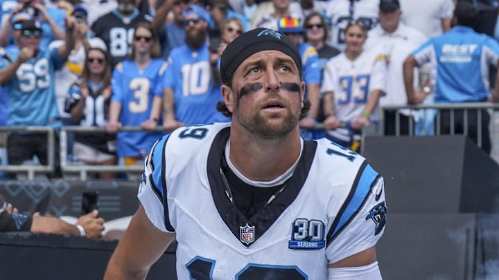 Sep 15, 2024; Charlotte, North Carolina, USA; Carolina Panthers wide receiver Adam Thielen (19) takes the field against the Los Angeles Chargers during the first quarter at Bank of America Stadium. Mandatory Credit: Jim Dedmon-Imagn Images