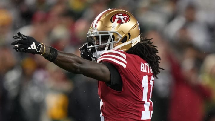 January 20, 2024; Santa Clara, CA, USA; San Francisco 49ers wide receiver Brandon Aiyuk (11) reacts during the fourth quarter against the Green Bay Packers in a 2024 NFC divisional round game at Levi's Stadium. Mandatory Credit: Kyle Terada-USA TODAY Sports
