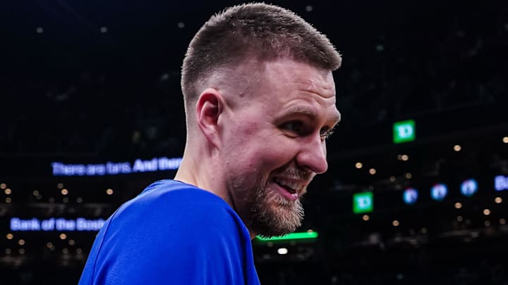 Mar 18, 2026; Boston, Massachusetts, USA; Golden State Warriors center Kristaps Porzingis (7) talks with Boston Celtics forward Jayson Tatum (0) after the game at TD Garden. Mandatory Credit: David Butler II-Imagn Images
