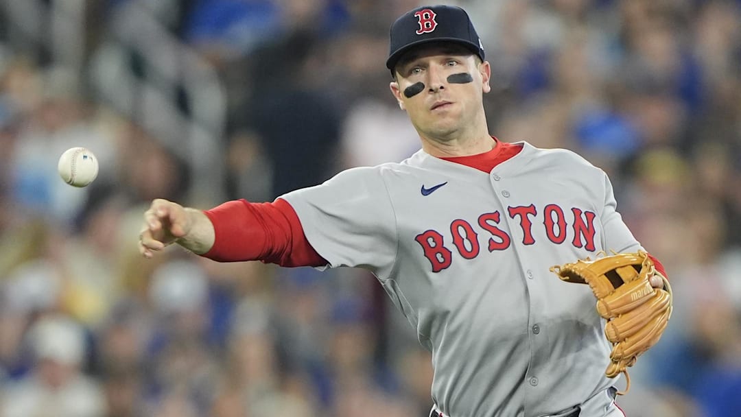 Sep 25, 2025; Toronto, Ontario, CAN; Boston Red Sox third baseman Alex Bregman (2) throws out Toronto Blue Jays catcher Tyler Heineman (not pictured) at first base during the third inning at Rogers Centre.