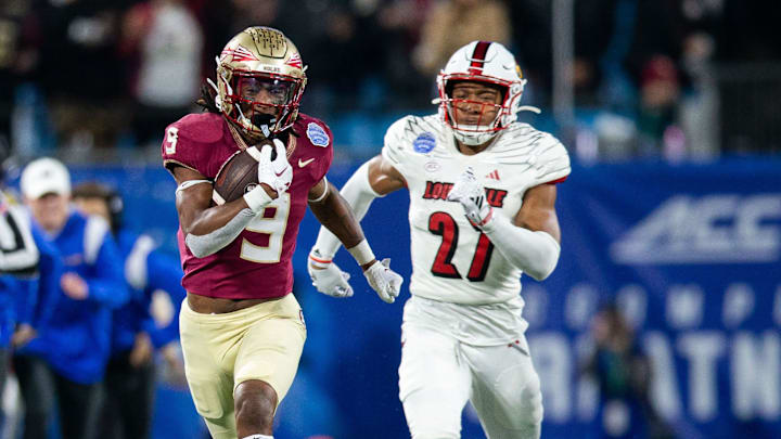 Florida State Seminoles running back Lawrance Toafili (9) sprints down the field towards the end zone. The Florida State Seminoles defeated the Louisville Cardinals 16-6 to claim the ACC Championship title in Charlotte, North Carolina on Saturday, Dec. 2, 2023.