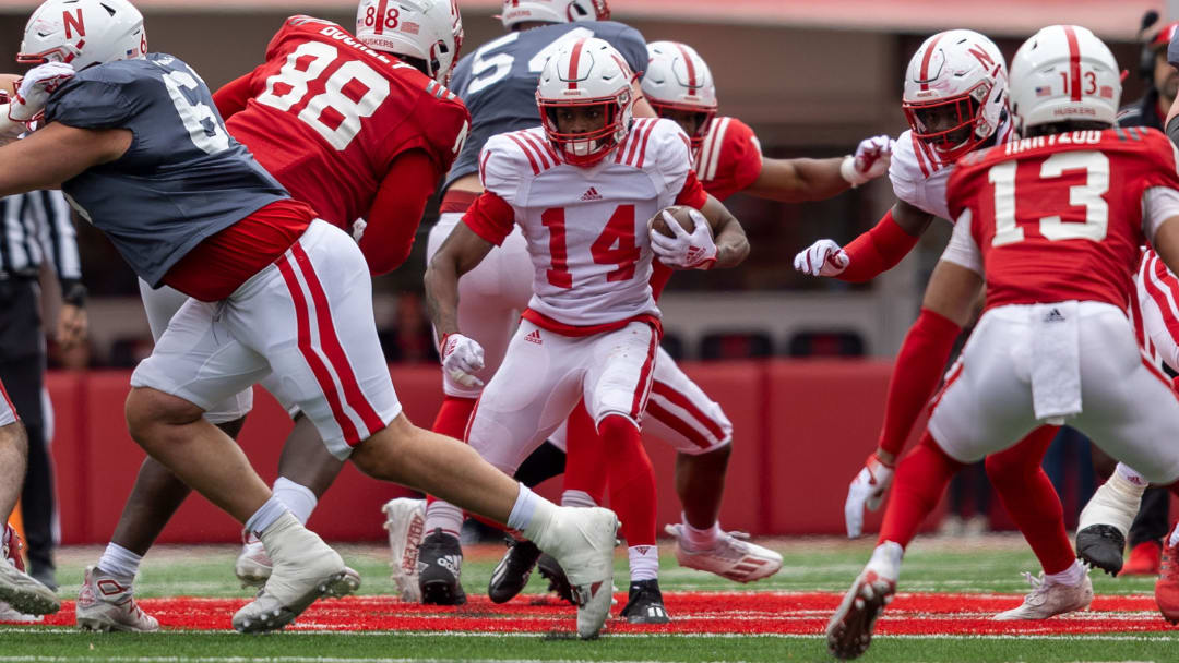 Rahmir Johnson carries the ball during Nebraska's 2023 spring game.