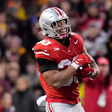 Nov 18, 2023; Columbus, Ohio, USA; Ohio State Buckeyes linebacker Cody Simon (30) celebrates a defensive stop on what was nearly an interception with safety Sonny Styles (6) during the NCAA football game against the Minnesota Golden Gophers at Ohio Stadium.