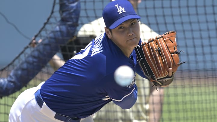 May 31, 2025; Los Angeles, California, USA; Los Angeles Dodgers Shohei Ohtani (17) throws live batting practice May 31, 2025; Los Angeles, California, USA; Los Angeles Dodgers Shohei Ohtani (17) throws live batting practice