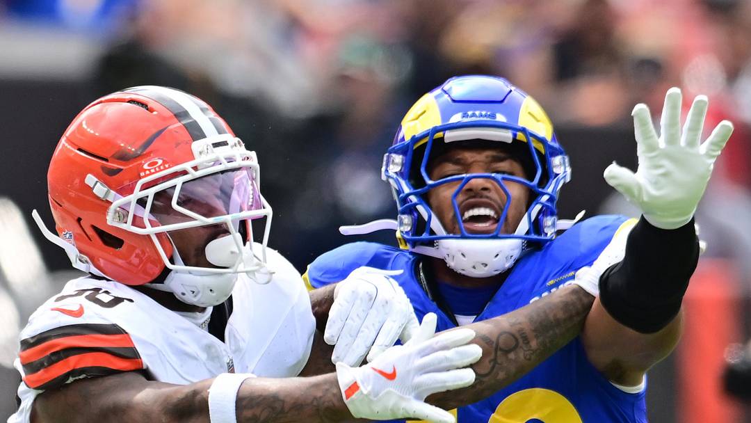 Aug 23, 2025; Cleveland, Ohio, USA; Los Angeles Rams linebacker Tony Fields II (40) breaks up a pass intended for Cleveland Browns running back Trayveon Williams (36) during the second half at Huntington Bank Field. Mandatory Credit: Ken Blaze-Imagn Images