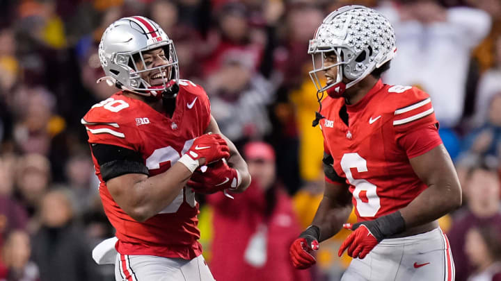 Nov 18, 2023; Columbus, Ohio, USA; Ohio State Buckeyes linebacker Cody Simon (30) celebrates a defensive stop on what was nearly an interception with safety Sonny Styles (6) during the NCAA football game against the Minnesota Golden Gophers at Ohio Stadium.