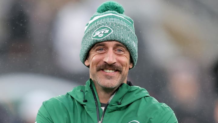 Dec 3, 2023; East Rutherford, New Jersey, USA; New York Jets quarterback Aaron Rodgers (8) watches warm ups before a game against the Atlanta Falcons at MetLife Stadium.