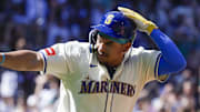 Seattle Mariners first baseman Josh Naylor points to the dugout after hitting a home run against the Tampa Bay Rays on Aug. 10 at T-Mobile Park.