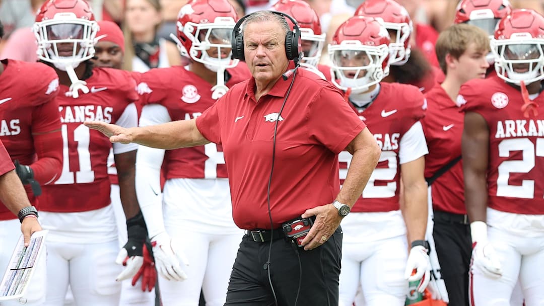 Aug 30, 2025; Fayetteville, Arkansas, USA; Arkansas Razorbacks head coach Sam Pittman during the second quarter against the Alabama A&M Bulldogs at Donald W. Reynolds Razorback Stadium. Mandatory Credit: Nelson Chenault-Imagn Images