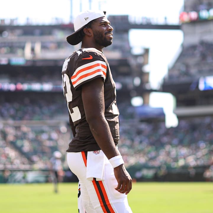 Cleveland Browns quarterback Shedeur Sanders watches third quarter action against the Philadelphia Eagles 