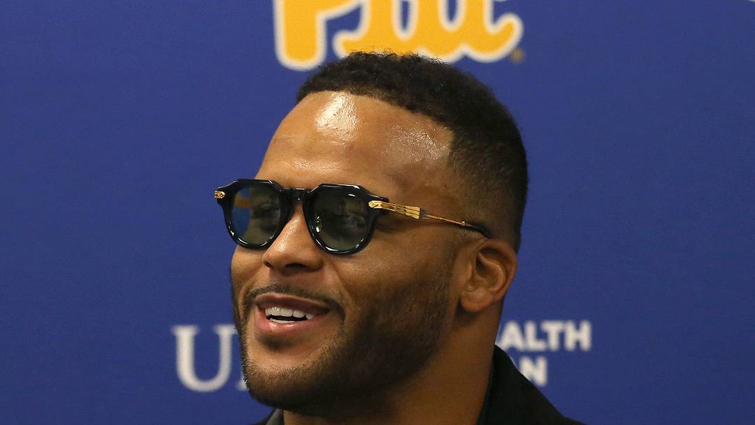 Former Pittsburgh Panther and retired NFL defensive tackle Aaron Donald speaks at a press conference prior to the start of the Pittsburgh Panthers vs Notre Dame Fighting Irish game at Acrisure Stadium in Pittsburgh, PA on November 15, 2025. Former Pittsburgh Panther and retired NFL defensive tackle Aaron Donald speaks at a press conference prior to the start of the Pittsburgh Panthers vs Notre Dame Fighting Irish game at Acrisure Stadium in Pittsburgh, PA on November 15, 2025.