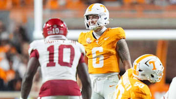 Tennessee quarterback Joey Aguilar (6) smiles during a college football game between Tennessee and Arkansas at Neyland Stadium in Knoxville, Tenn., on Oct. 11, 2025.