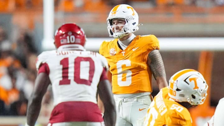 Tennessee quarterback Joey Aguilar (6) smiles during a college football game between Tennessee and Arkansas at Neyland Stadium in Knoxville, Tenn., on Oct. 11, 2025.