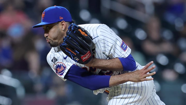 Jun 13, 2024; New York City, New York, USA; New York Mets relief pitcher Edwin Diaz (39) follows through on a pitch against the Miami Marlins during the ninth inning at Citi Field. Mandatory Credit: Brad Penner-USA TODAY Sports