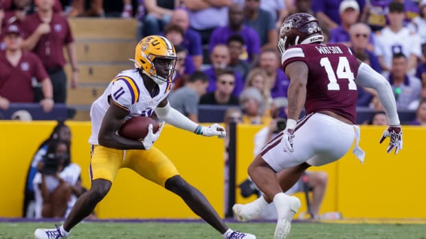 Sep 17, 2022; Baton Rouge, Louisiana, USA;  LSU Tigers wide receiver Brian Thomas Jr. (11) runs against Mississippi State