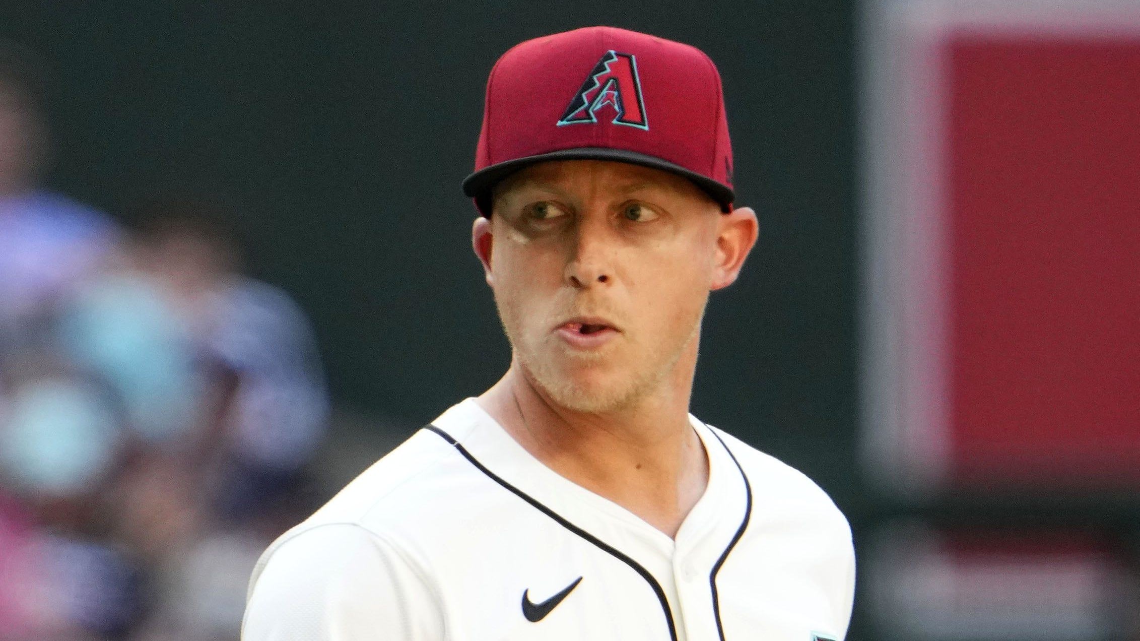 Arizona Diamondbacks relief pitcher Scott McGough (30) reacts after allowing an RBI double to New York Yankees DH Aaron Judge