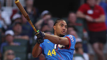 Jul 14, 2025; Atlanta, GA, USA; Washington Nationals outfielder James Wood (29) during the first round of the 2025 Home Run Derby at Truist Park. 