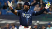 Apr 23, 2024; St. Petersburg, Florida, USA; Tampa Bay Rays first baseman Yandy Diaz (2) celebrates after hitting an infield single in the fifth inning against the Detroit Tigersat Tropicana Field