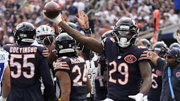 Chicago Bears cornerback Tyrique Stevenson (29) reacts after a turnover against the Dallas Cowboys during the first half at Soldier Field.