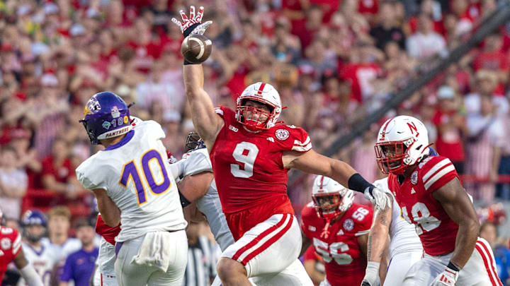 Nebraska defensive lineman Ty Robinson bats down a pass from Northern Iowa quarterback Aidan Dunne during the second quarter.