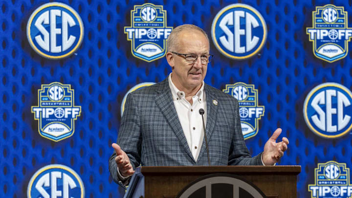 Oct 16, 2024; Birmingham, AL, USA; SEC commissioner Greg Sankey talks with the media during SEC Media Days at Grand Bohemian Hotel. Mandatory Credit: Vasha Hunt-Imagn Images