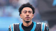 Carolina Panthers quarterback Bryce Young takes the field before the game against the Los Angeles Rams