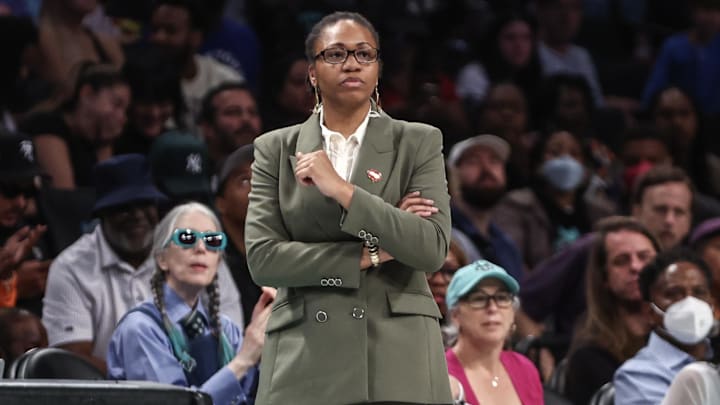 Sep 22, 2024; Brooklyn, New York, USA; Atlanta Dream head coach Tanisha Wright during game one of the first round of the 2024 WNBA Playoffs at Barclays Center. Mandatory Credit: Wendell Cruz-Imagn Images