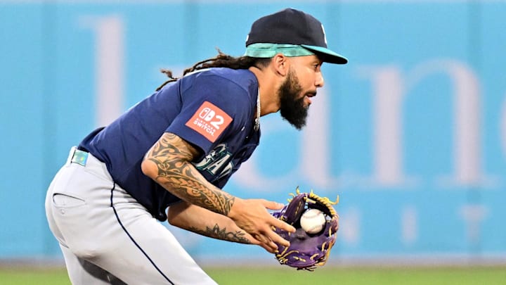Sep 3, 2025; St. Petersburg, Florida, USA; Seattle Mariners shortstop J.P. Crawford (3) fields a ground ball in the first inning against the Tampa Bay Rays at George M. Steinbrenner Field. Mandatory Credit: Jonathan Dyer-Imagn Images
