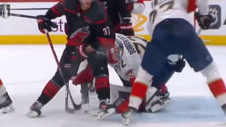 Andrei Svechnikov got away with a knee to the head of Panthers goalie Sergei Bobrovsky. Andrei Svechnikov got away with a knee to the head of Panthers goalie Sergei Bobrovsky.