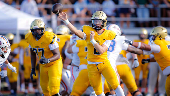 St. Thomas Aquinas quarterback Andrew Indorf, who lacks major college offers thus far, showed is worthiness with 198 yards passing and two touchdowns against national power Bishop Gorman on Aug. 24, 2024.