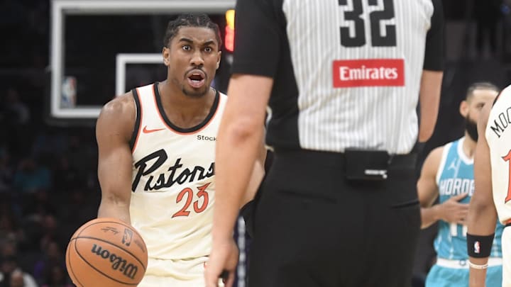 Nov 21, 2024; Charlotte, North Carolina, USA;  Detroit Pistons guard Jaden Ivey (23): Sam Sharpe-Imagn Images