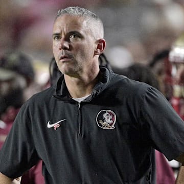 Oct 5, 2024; Tallahassee, Florida, USA; Florida State Seminoles head coach Mike Norvell during the second half against the Clemson Tigers at Doak S. Campbell Stadium. Mandatory Credit: Melina Myers-Imagn Images
