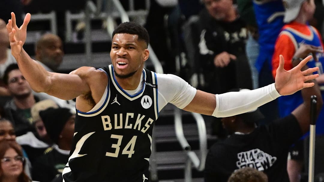Apr 10, 2025; Milwaukee, Wisconsin, USA; Milwaukee Bucks forward Giannis Antetokounmpo (34) reacts in the second quarter against the New Orleans Pelicans at Fiserv Forum. Mandatory Credit: Benny Sieu-Imagn Images