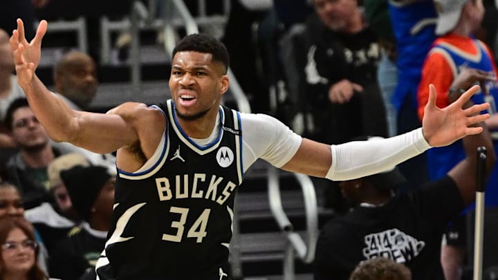 Apr 10, 2025; Milwaukee, Wisconsin, USA; Milwaukee Bucks forward Giannis Antetokounmpo (34) reacts in the second quarter against the New Orleans Pelicans at Fiserv Forum. Mandatory Credit: Benny Sieu-Imagn Images