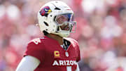 Sep 21, 2025; Santa Clara, California, USA; Arizona Cardinals quarterback Kyler Murray (1) stands on the field against the San Francisco 49ers during the first half at Levi's Stadium. Mandatory Credit: Cary Edmondson-Imagn Images