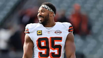 Dec 22, 2024; Cincinnati, Ohio, USA;  Cleveland Browns defensive end Myles Garrett (95) warms up before a game against the Cincinnati Bengals at Paycor Stadium. Mandatory Credit: Joseph Maiorana-Imagn Images