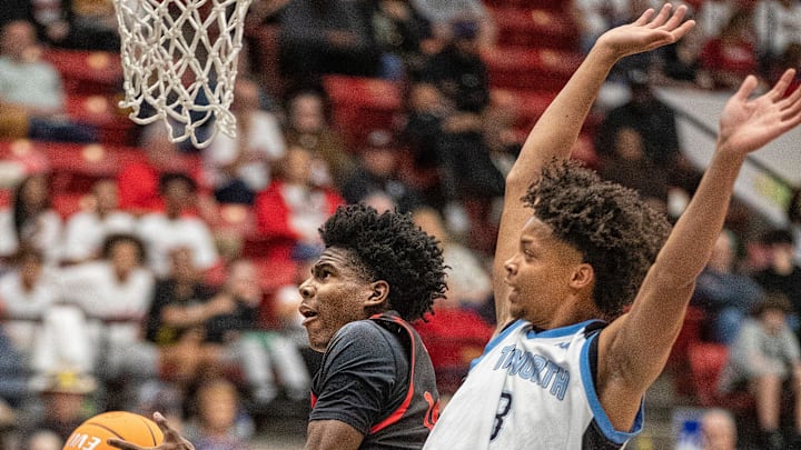 Victory Christian (10) Quinton Wilson goes up for the shot over North Tampa Christian (3) AJ Jones during the FHSAA 1A state semi final game at the RP Funding Center Tuesday February 25, 2025 in Lakeland Fl. Victory won 65-63 in 4 overtime periods.
Ernst Peters/The Ledger
