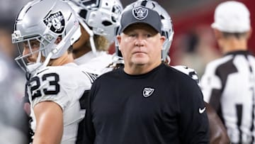 Aug 23, 2025; Glendale, Arizona, USA; Las Vegas Raiders offensive coordinator Chip Kelly against the Arizona Cardinals during a preseason NFL game at State Farm Stadium. Mandatory Credit: Mark J. Rebilas-Imagn Images