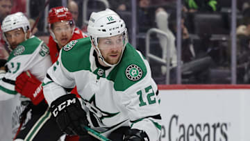Jan 21, 2022; Detroit, Michigan, USA;  Dallas Stars center Radek Faksa (12) during the first period against the Detroit Red Wings at Little Caesars Arena. Mandatory Credit: Rick Osentoski-Imagn Images