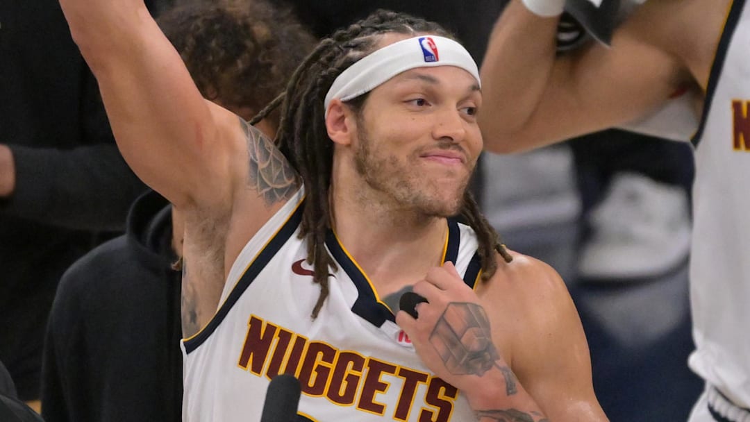 Apr 26, 2025; Inglewood, California, USA; Denver Nuggets forward Aaron Gordon (32) celebrates after the game winning dunk to defeat the Los Angeles Clippers 101-99 in game four of round one of the 2024 NBA Playoffs at Intuit Dome. Mandatory Credit: Jayne Kamin-Oncea-Imagn Images