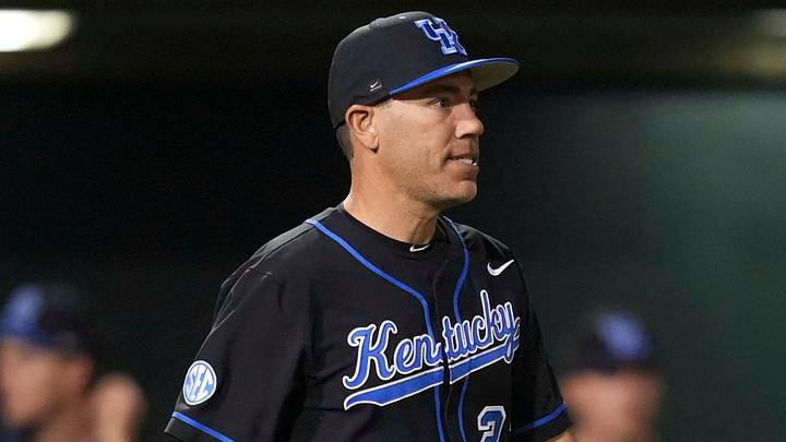 Kentucky baseball head coach Nick Mingione walks to the pitchers mound during a NCAA baseball game between Tennessee and Kentucky at Lindsey Nelson Stadium in Knoxville, Tenn., on April 18, 2025.