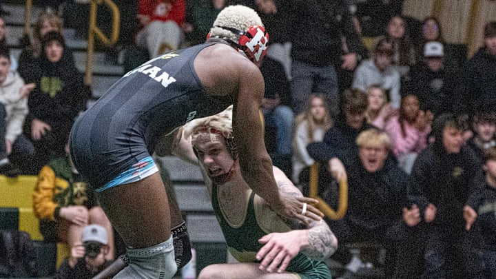 Brick Memorial's Harvey Ludington (right) scored an epic, 9-8, come from behind victory over Cranford's Jordan Chapman to help Brick Memorial prevail, 36-35, in NJSIAA Group 3 semifinal in Brick, NJ on February 14, 2025. Brick Memorial's Harvey Ludington (right) scored an epic, 9-8, come from behind victory over Cranford's Jordan Chapman to help Brick Memorial prevail, 36-35, in NJSIAA Group 3 semifinal in Brick, NJ on February 14, 2025.