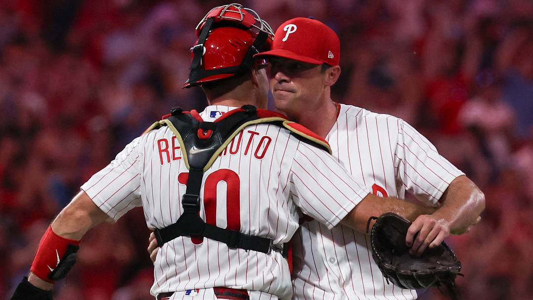 Aug 18, 2026; Philadelphia, Pennsylvania, USA; Philadelphia Phillies pitcher Brooks Raley (30) and catcher J.T. Realmuto (10) react to a victory against the Miami Marlins at Citizens Bank Park. Mandatory Credit: Bill Streicher-Imagn Images Aug 18, 2026; Philadelphia, Pennsylvania, USA; Philadelphia Phillies pitcher Brooks Raley (30) and catcher J.T. Realmuto (10) react to a victory against the Miami Marlins at Citizens Bank Park. Mandatory Credit: Bill Streicher-Imagn Images