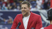 Oct 1, 2023; Houston, Texas, USA; Former Houston Texans player J.J. Watt speaks to the crowd after being inducted into the Texans Ring of Honor during the game against the Pittsburgh Steelers at NRG Stadium. 