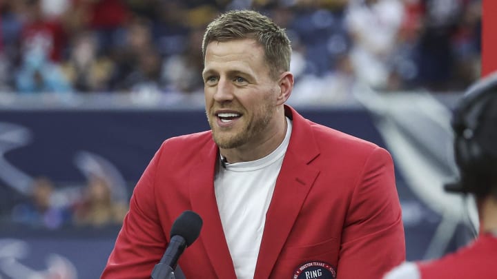 Oct 1, 2023; Houston, Texas, USA; Former Houston Texans player J.J. Watt speaks to the crowd after being inducted into the Texans Ring of Honor during the game against the Pittsburgh Steelers at NRG Stadium. 