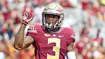 Sep 23, 2017; Tallahassee, FL, USA; Florida State Seminoles cornerback Derwin James (3) reacts during the second half against North Carolina State Wolfpack at Doak Campbell Stadium. Mandatory Credit: Melina Vastola-Imagn Images